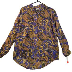 Vintage 80s 100% Silk Button-Down Shirt by Whistles Equestrian Print M Deadstock
